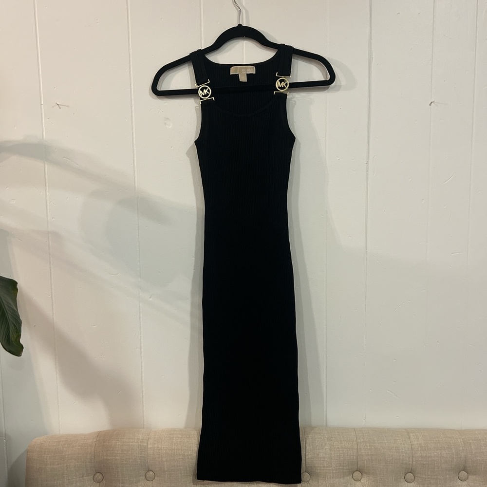 Michael Kors Black Midi Dress with Gold Accents